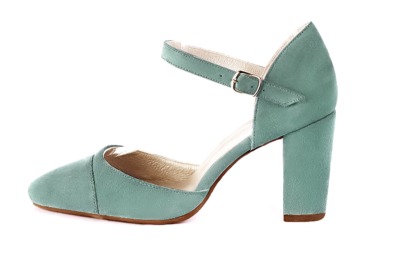 Mint green women's open side shoes, with an instep strap. Round toe. High block heels. Profile view - Florence KOOIJMAN